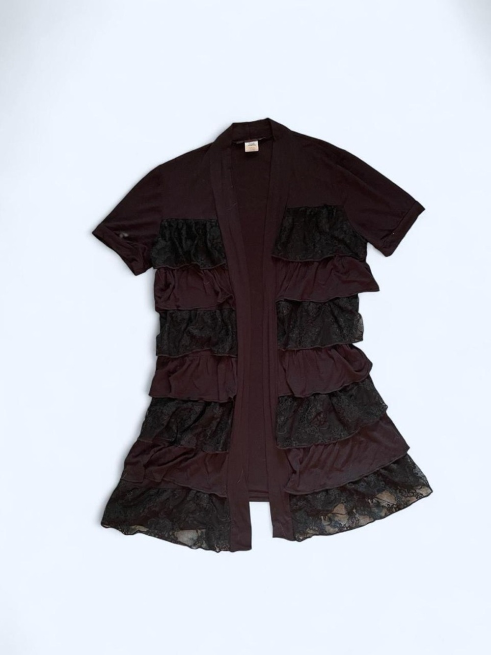 Y2K ruffled open front top with lace trim in black size‎ L by Myth